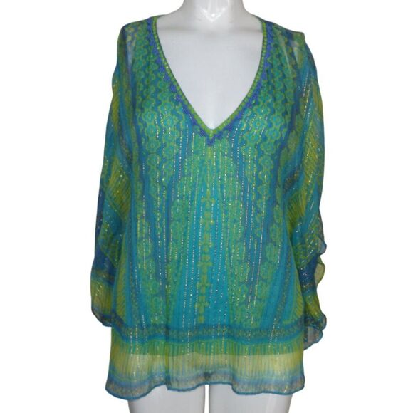 HALE BOB Top, M, Silk Layered Tank, Flutter Sleeves, V-neck, Blue/Green, Beaded - Picture 9 of 12